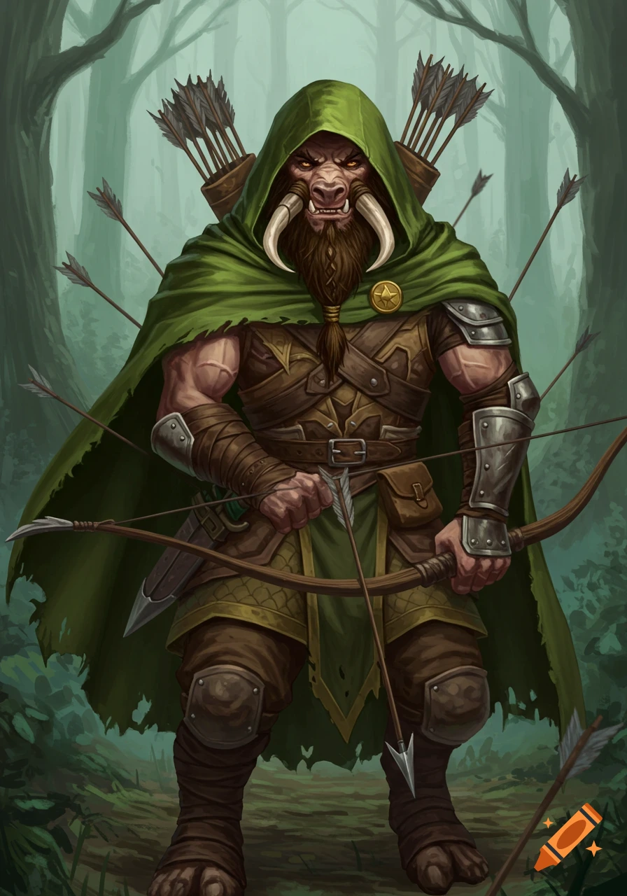 A tusked, bearded D&D ranger in a green hood and cape, holding a bow, surrounded by arrows in a forest.