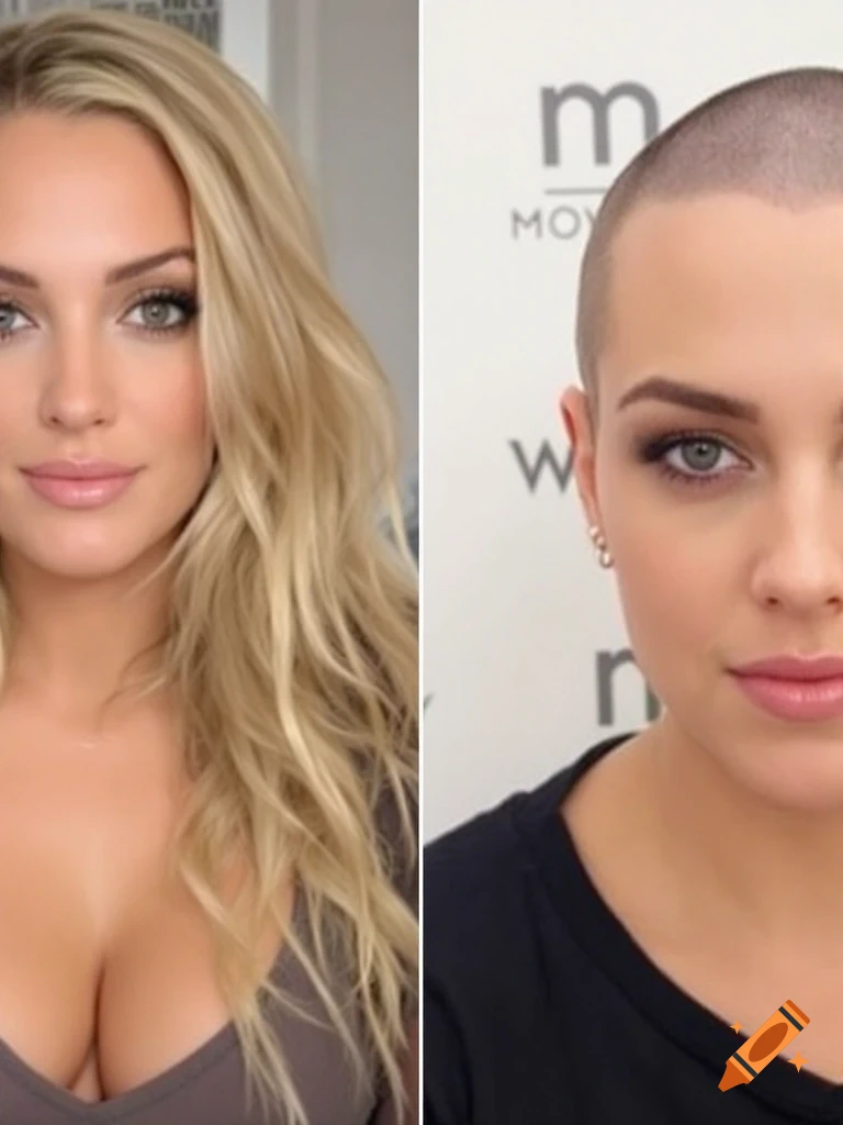 Split image of a woman with long blonde hair on the left and a shaved head on the right.