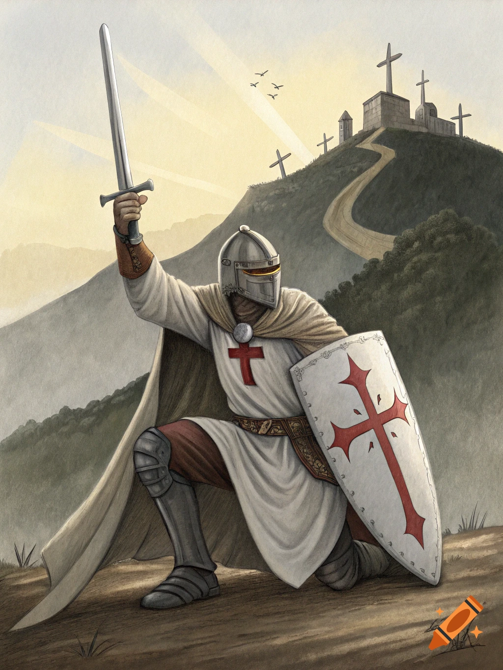 A knight in white robes with a red cross kneels, holding a sword aloft and a shield, on a hill with multiple crosses at sunset.