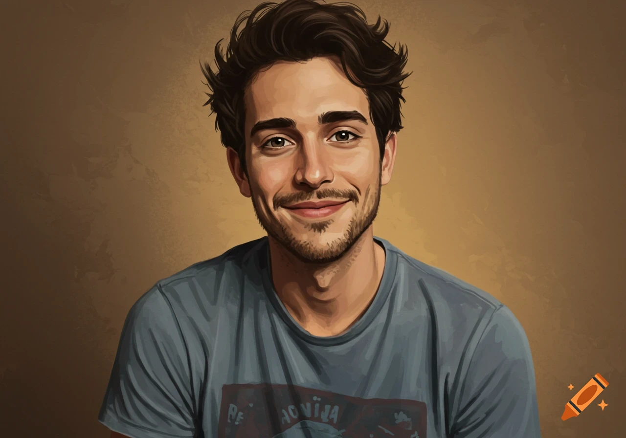 Stylized portrait of a smiling man with brown wavy hair and a beard, wearing a grey t-shirt.