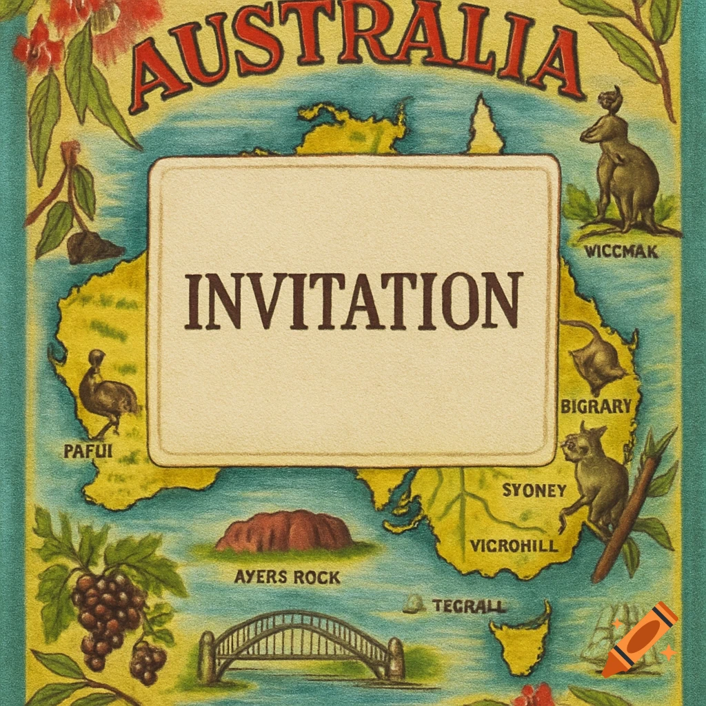 Vintage Australian map illustration with the word "INVITATION" in the center, surrounded by landmarks and animals. Text reads "AUSTRALIA" at the top.