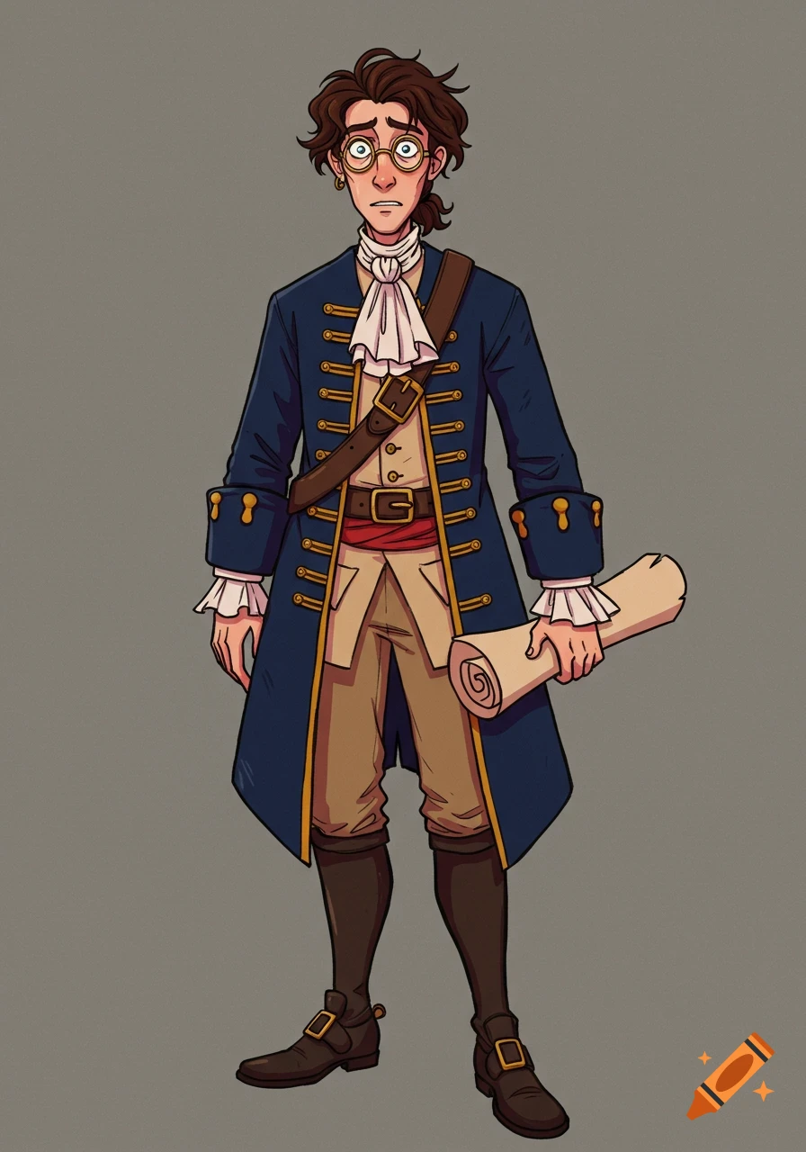 A nervous pirate-era man in a blue captain's coat and round glasses holds a rolled map in a 2D cartoon style.
