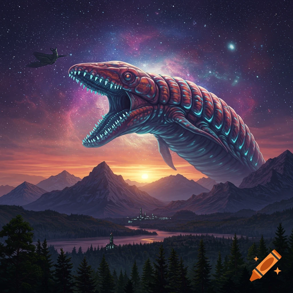 A giant red and blue creature with glowing teeth floats in a cosmic sky above a mountain range, forest, and city at sunset.