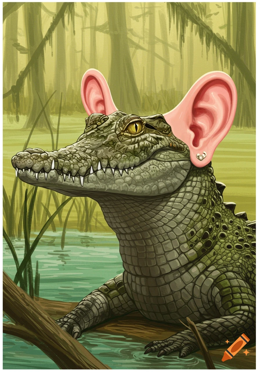 An illustrated crocodile with large pink human ears in a swampy forest ...