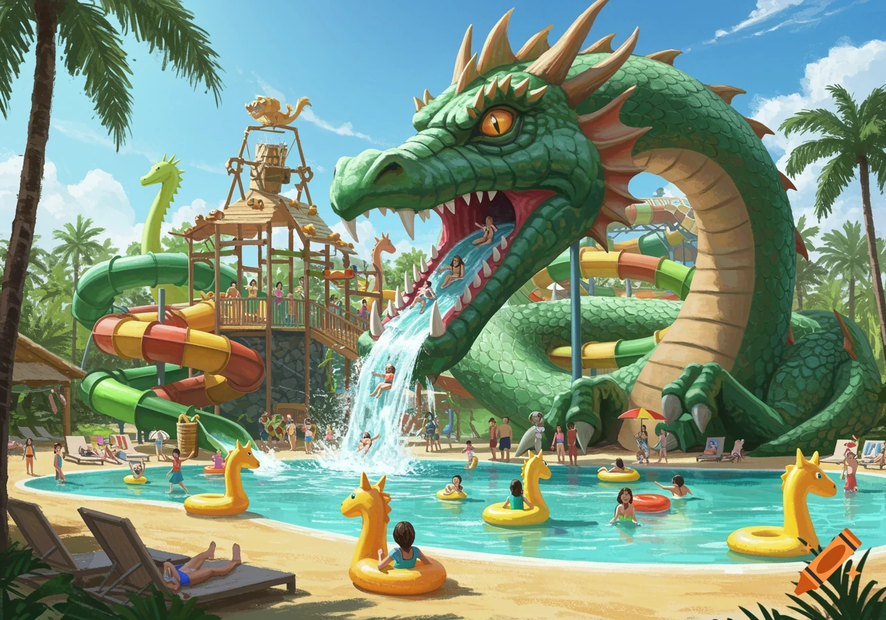 A vibrant illustration of a dragon-themed water park bustling with people swimming and enjoying slides under a sunny sky.