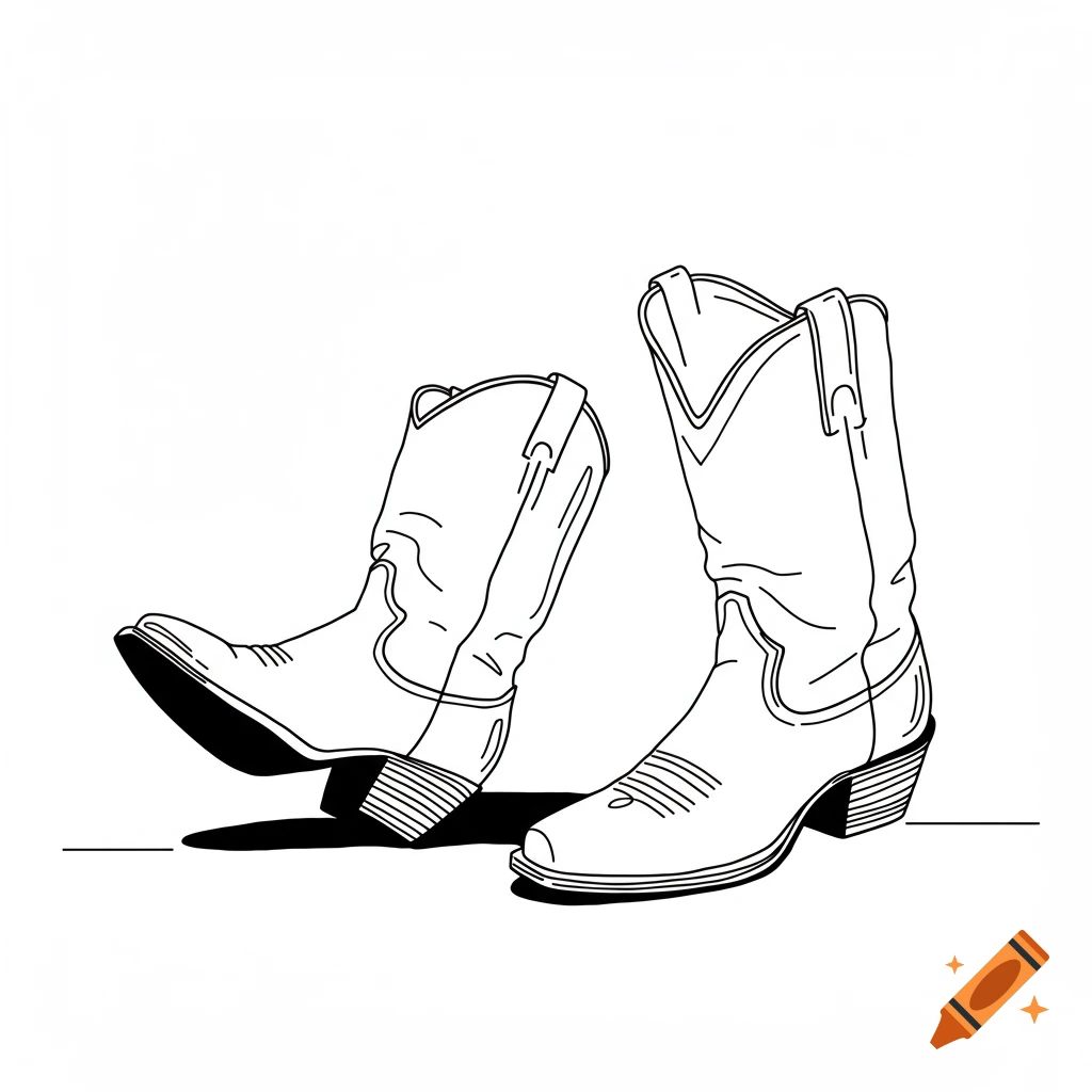 Simple black and white line art of two cowboy boots, one standing upright and the other tilted, casting shadows on a white background.