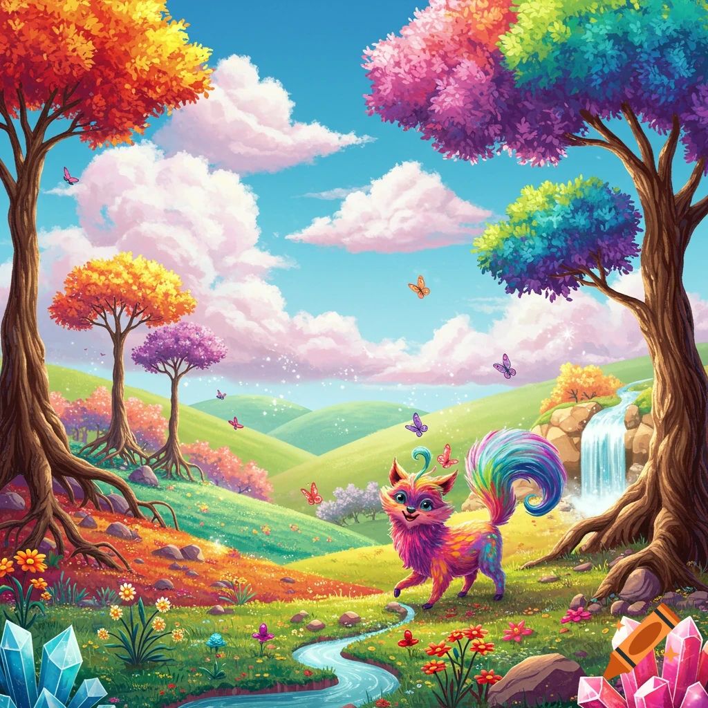 A whimsical, colorful creature with a rainbow tail walks through a vibrant fantasy landscape with bright trees, hills, a waterfall, and crystals.