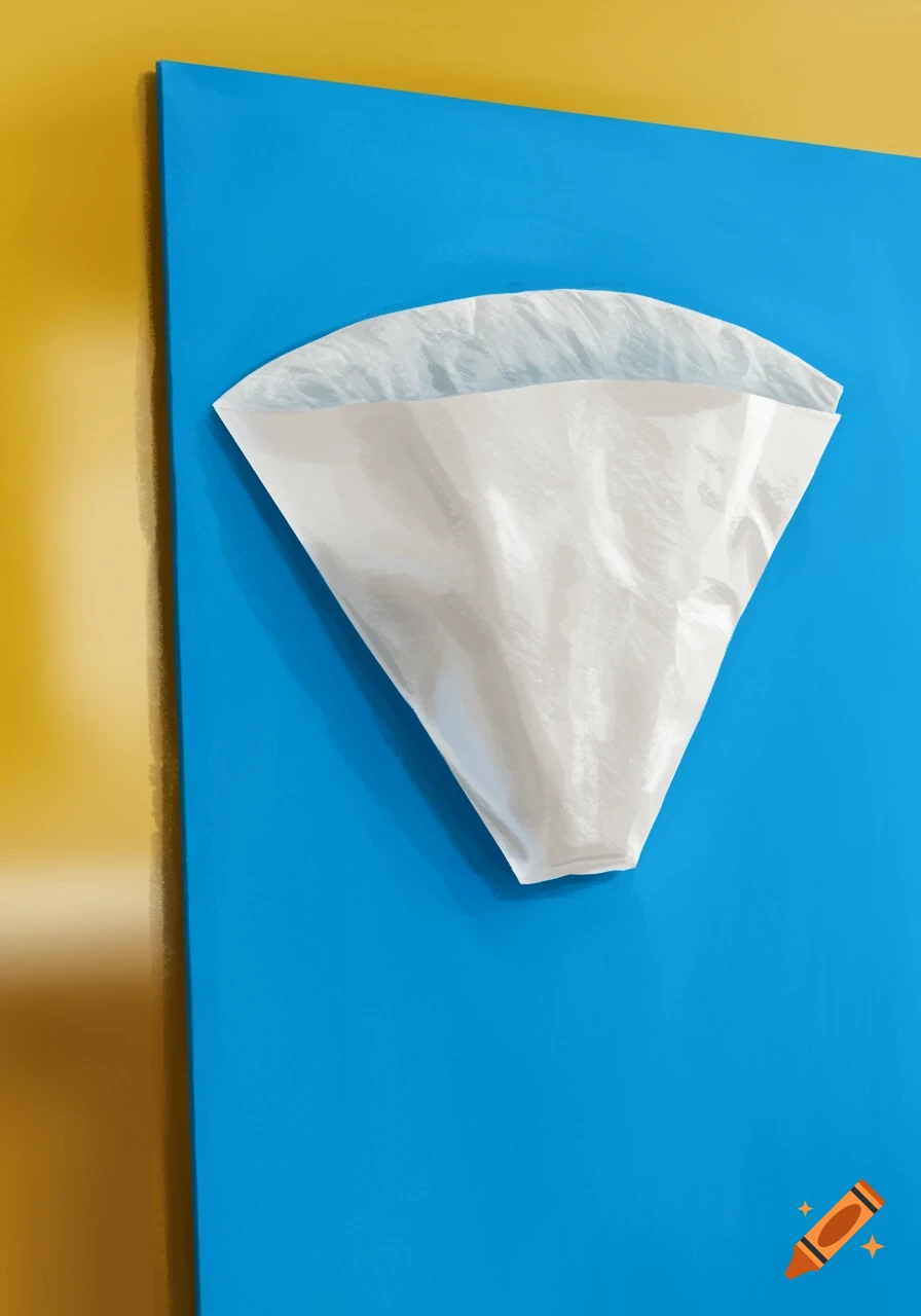 A white coffee filter glued near the top of a blue sheet of construction paper, leaning against a yellow wall.