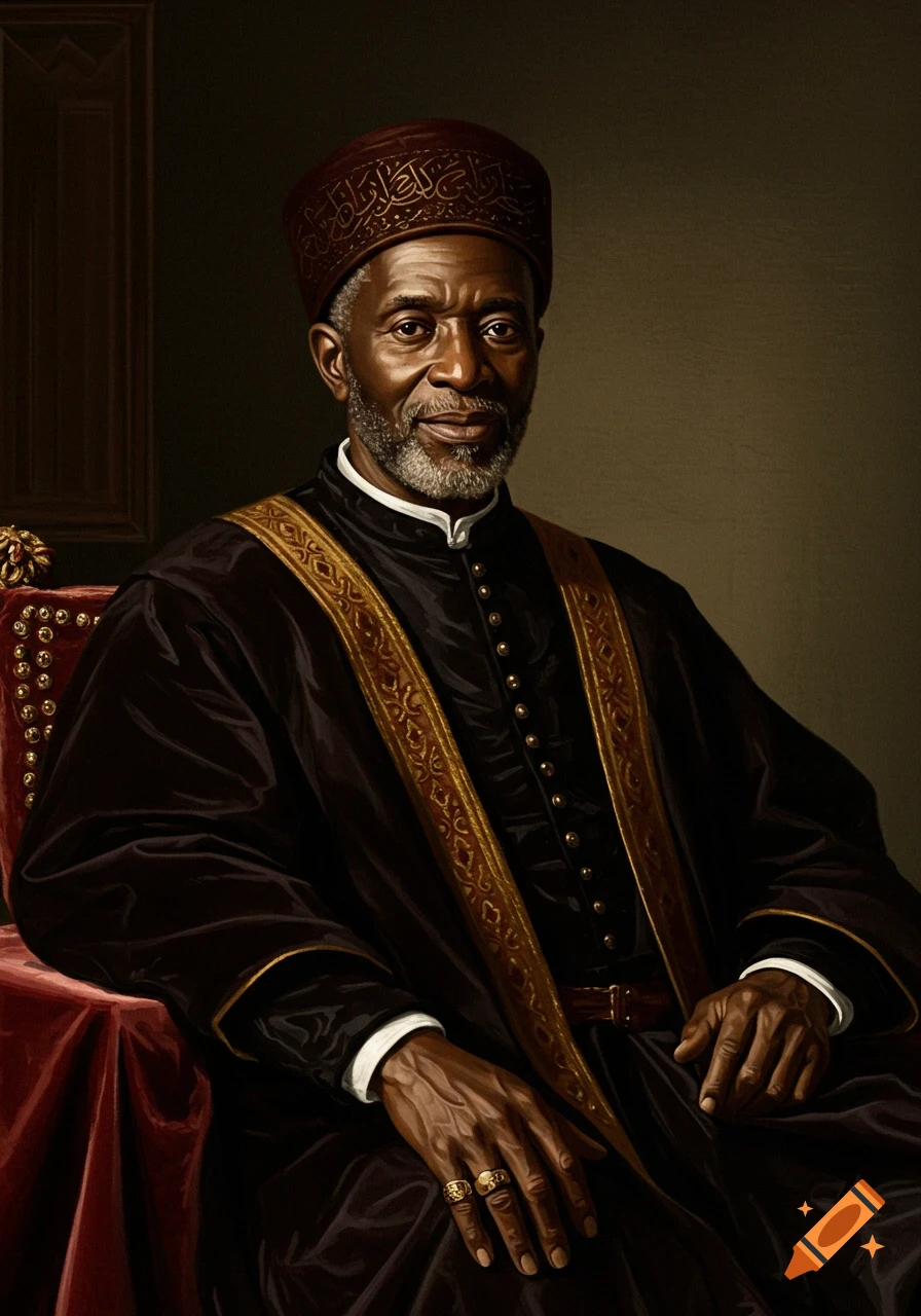 A distinguished Black man with a grey beard, wearing 17th-century attire including a dark robe with gold trim and a maroon cap with gold script, seated in a portrait.