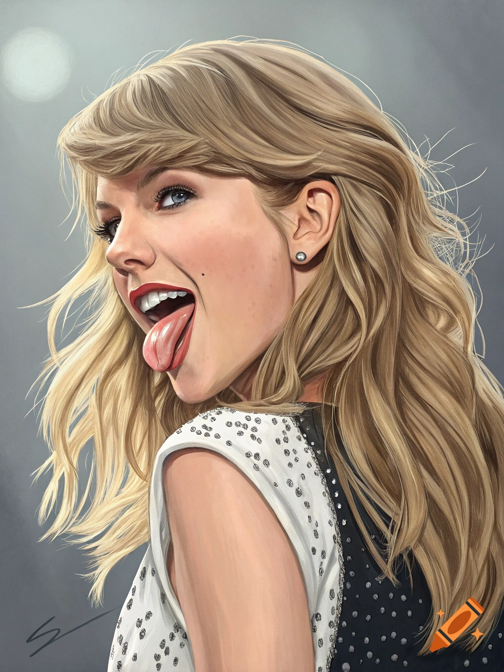 Stylized digital painting of Taylor Swift with blonde hair, sticking out her tongue and looking playfully to the side on a gray background.