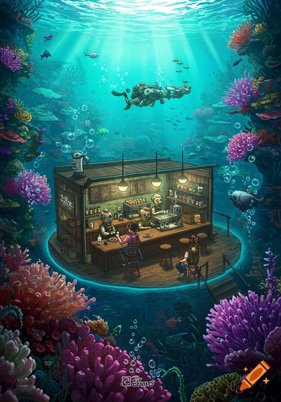 An imaginative underwater coffee shop with divers, various sea creatures, and vibrant coral reefs surrounding it.