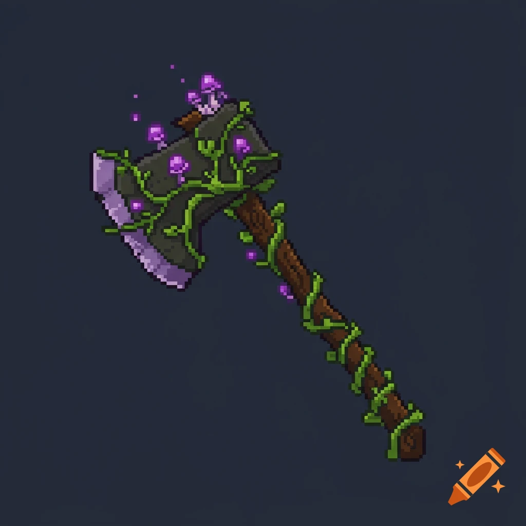 Pixel art sprite of a dark axe wrapped in green vines with glowing purple mushrooms.