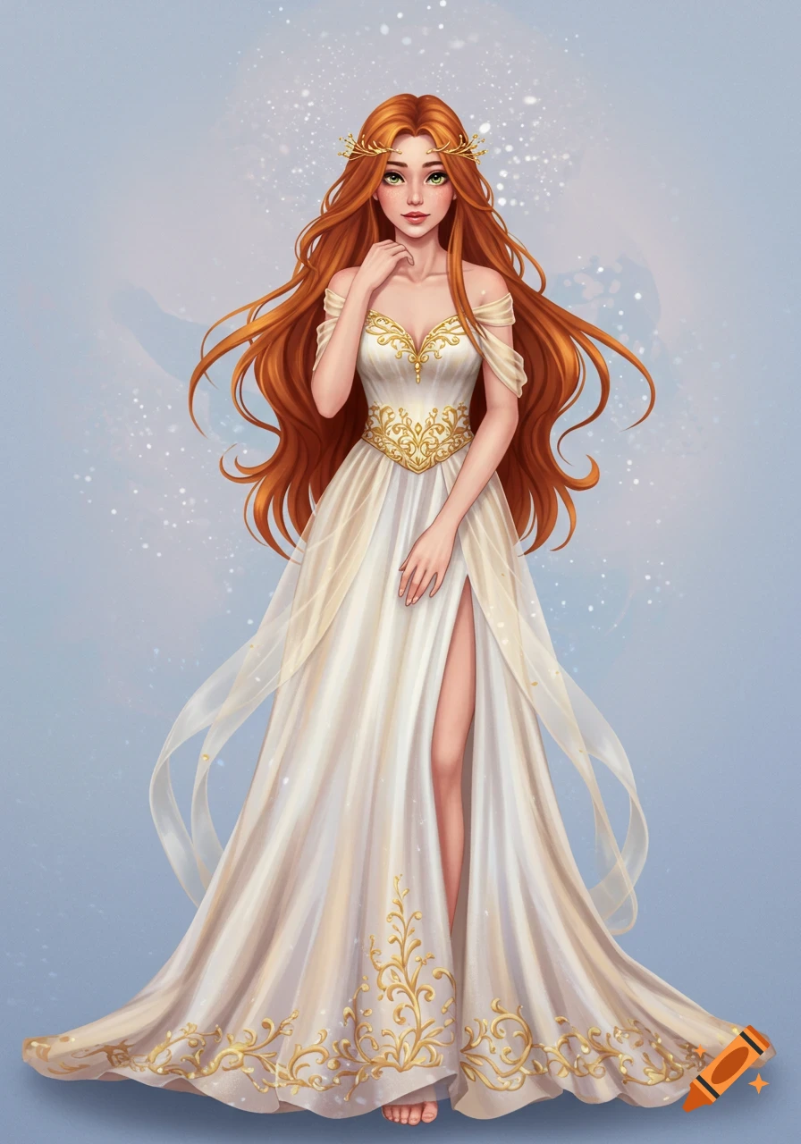 A red-haired woman with green eyes in a flowing white and gold dress, standing against a light blue background.