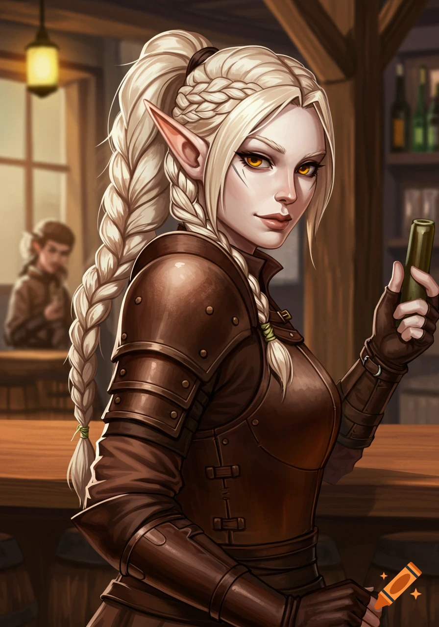 A blonde, braided half-elf in brown leather armor stands at a tavern bar, looking back with a roguish expression.
