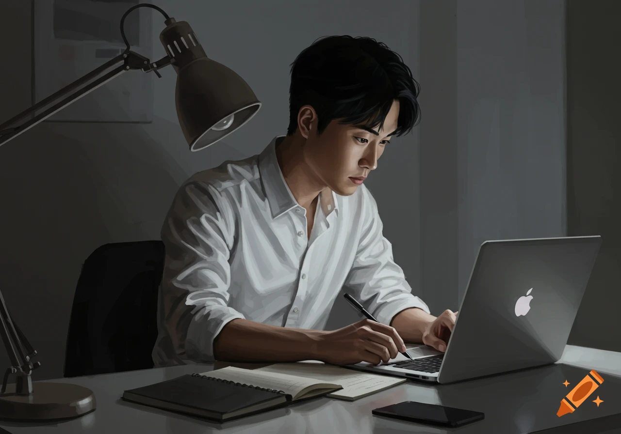 A focused person in a white shirt working on a laptop with a pen and notebook under a desk lamp in a digital painting.