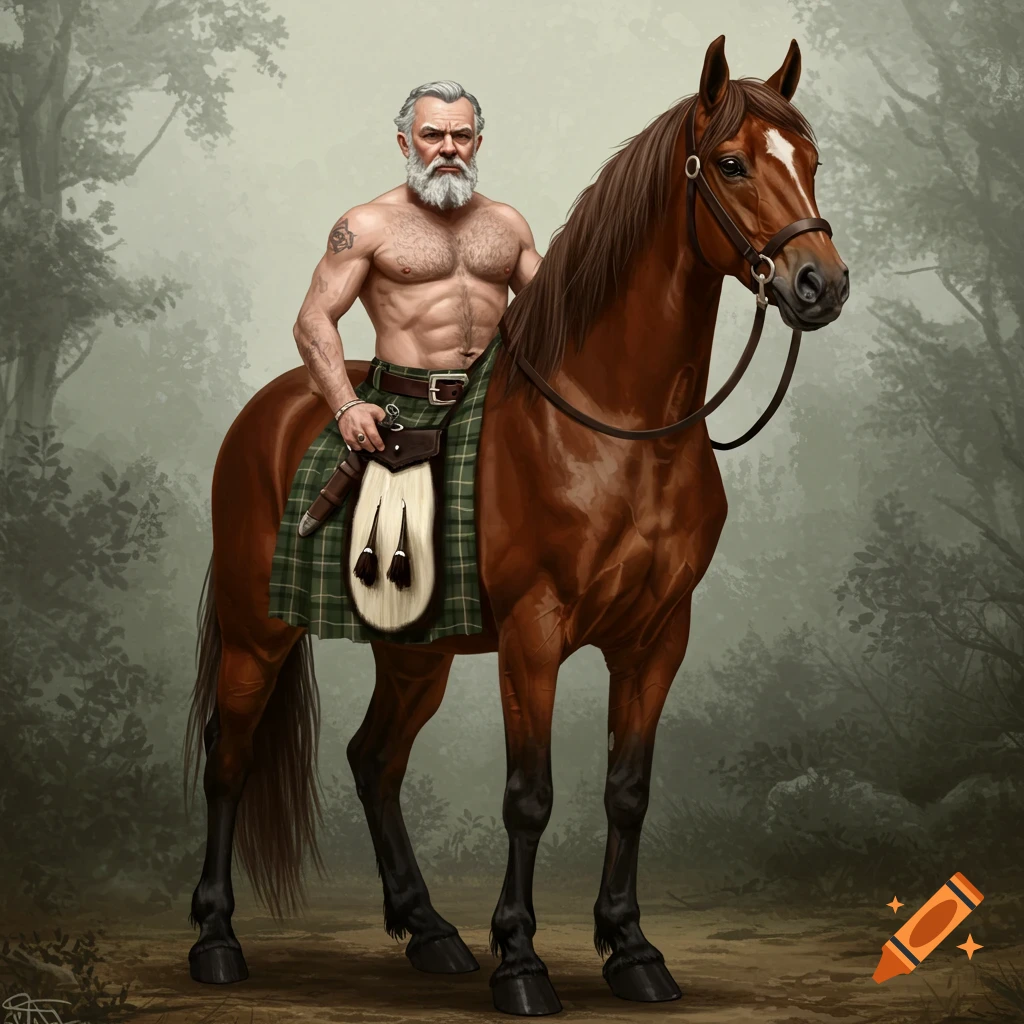 A muscular, bearded man in a kilt rides a brown horse through a misty forest. The man is shirtless, and the horse is saddled.