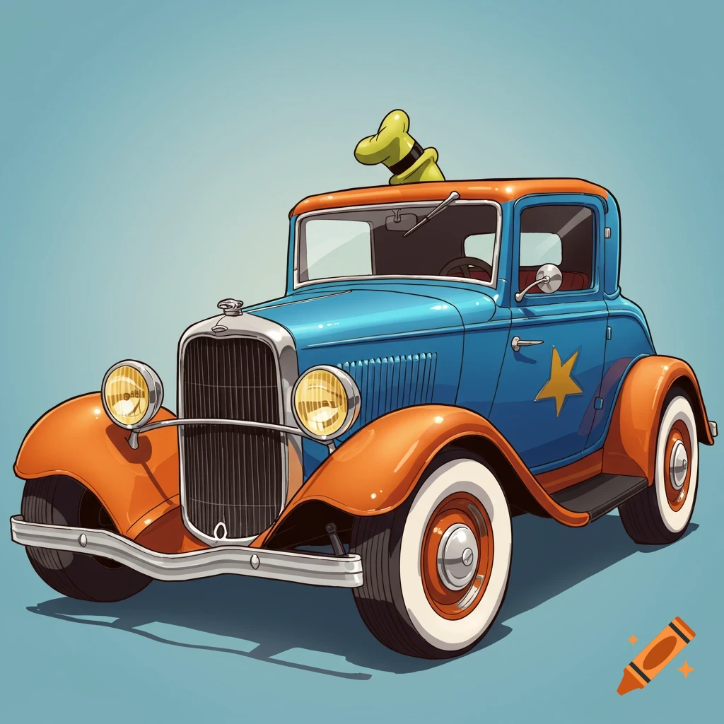 A cartoon-style vintage blue car with orange fenders and a yellow star on the door, with a green hat resembling Goofy's peeking from the roof.