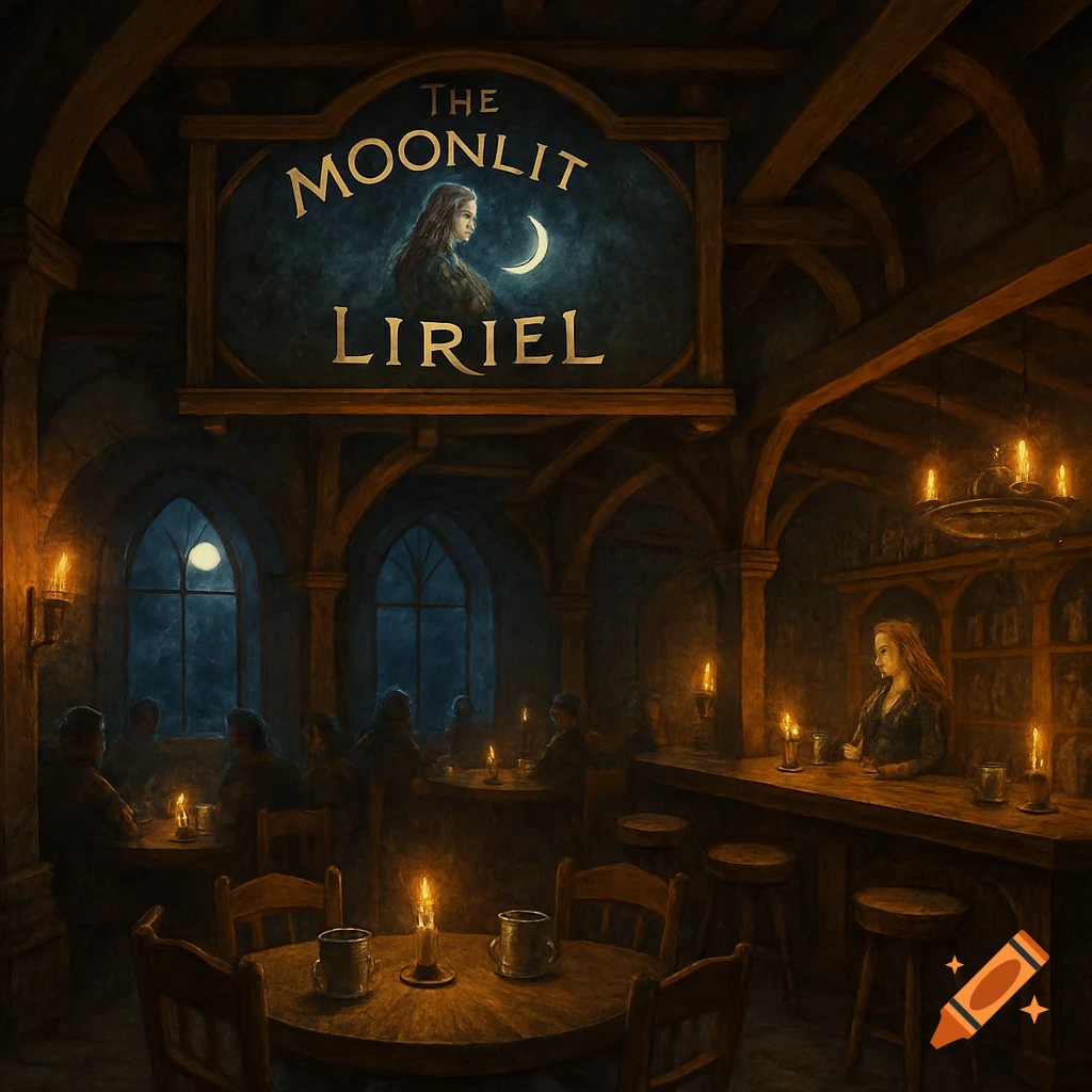A dark, candlelit fantasy tavern scene with patrons, tables, and a prominent sign displaying "THE MOONLIT LIRIEL" above a bar.