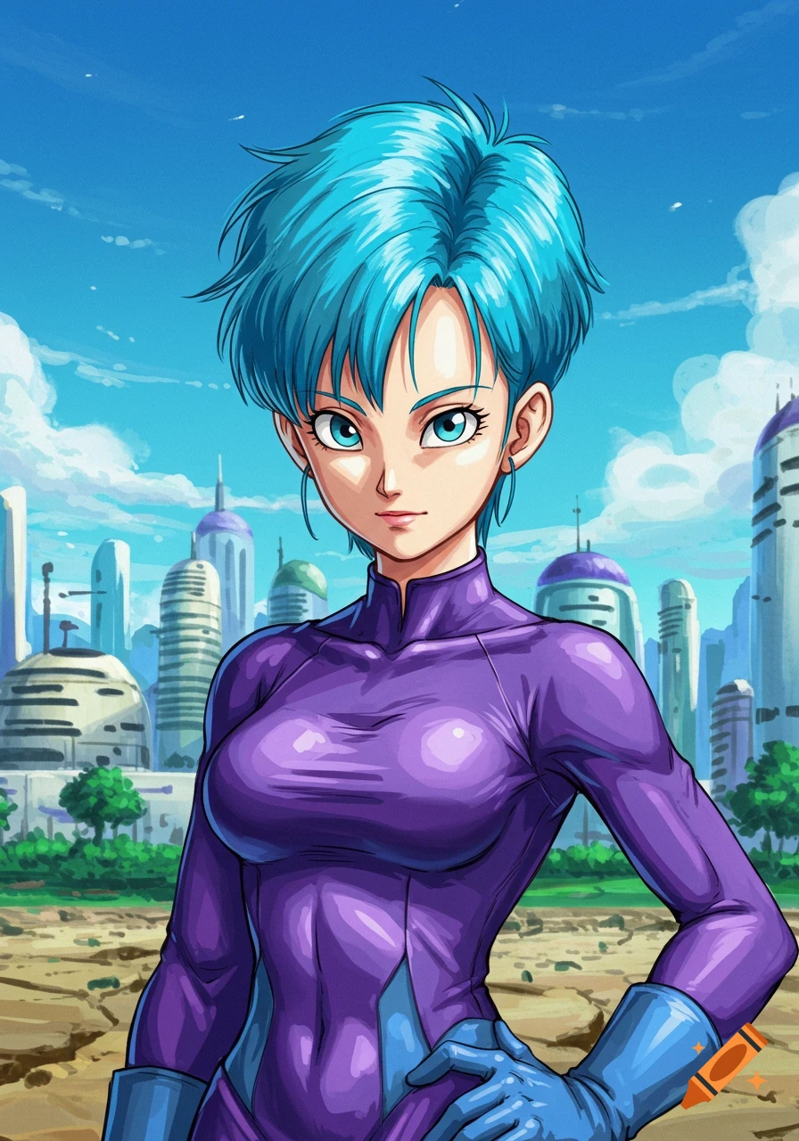Anime woman with short blue hair in a purple suit stands against a futuristic city skyline.