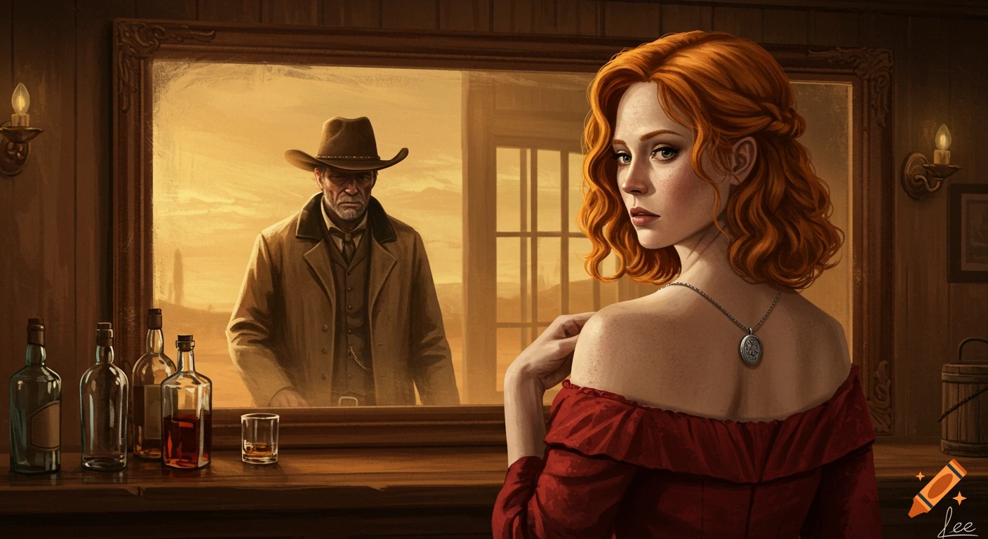 A red-haired woman in a red dress in a Western saloon, looking over her shoulder at a man reflected in a mirror behind the bar.
