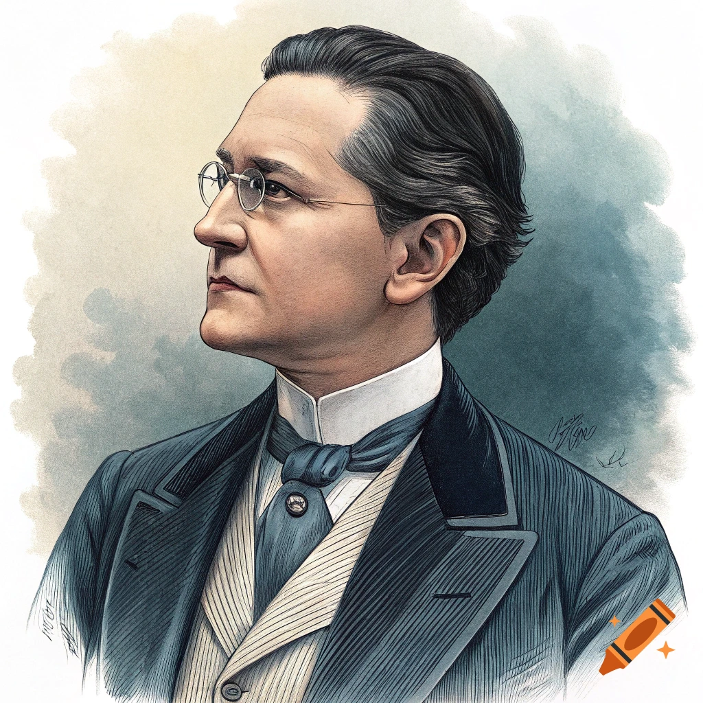 An illustrated portrait of a man with glasses, dressed in an aristocratic suit with a cravat, looking left.