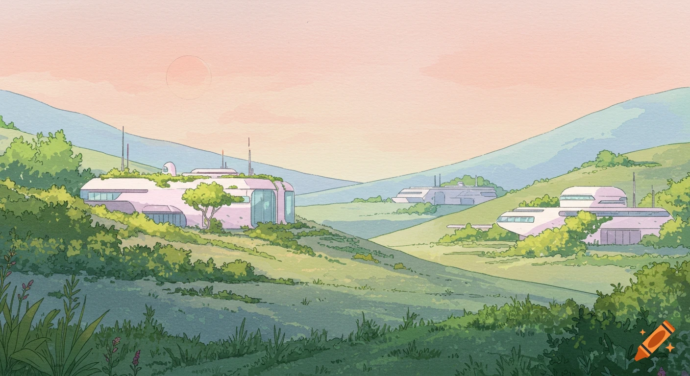 A utopian sci-fi landscape with futuristic buildings nestled in green hills under a pastel sky, in Japanese watercolor style.