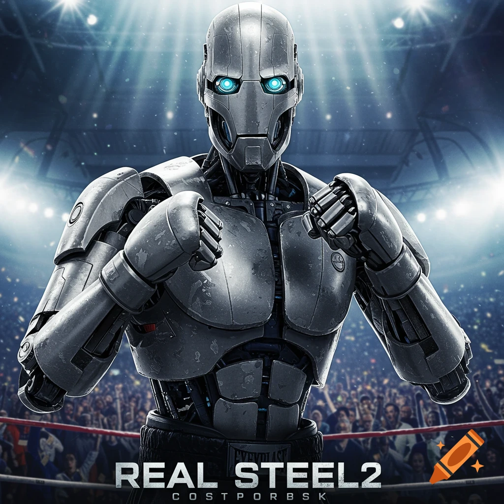 A photorealistic depiction of a gray metallic robot boxer with glowing blue eyes, fists raised in a boxing ring, with a crowd and bright spotlights in the background.