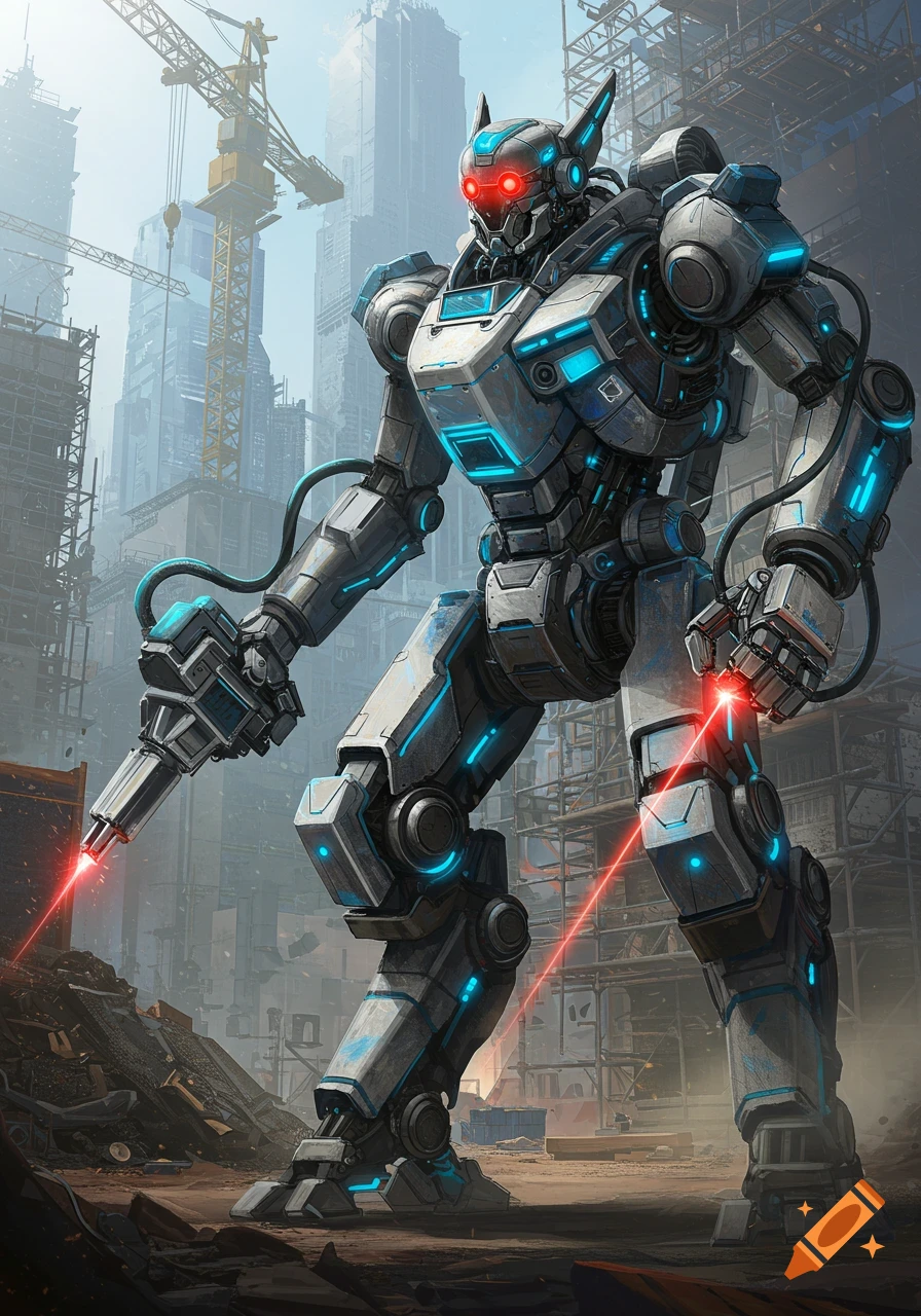 Large white and blue robot with red eyes stands in a futuristic construction site, holding a laser tool.