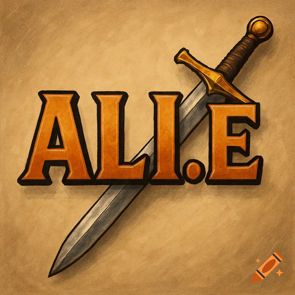 A stylized gold and black text logo 'ALi.E' with a silver sword diagonally behind it.