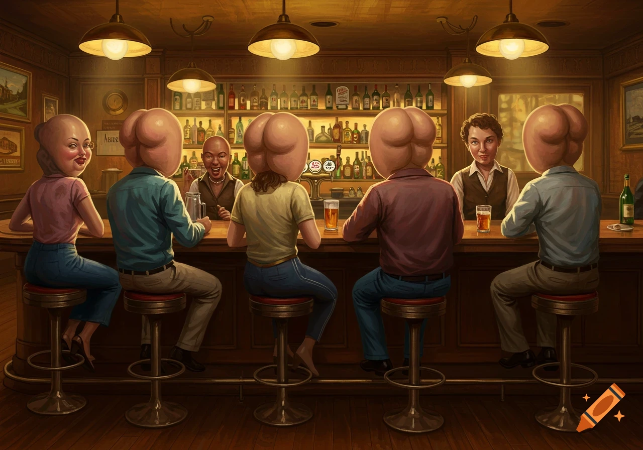 People with butts for heads sit at a bar, looking over their shoulders at the viewer, in a stylized illustration.