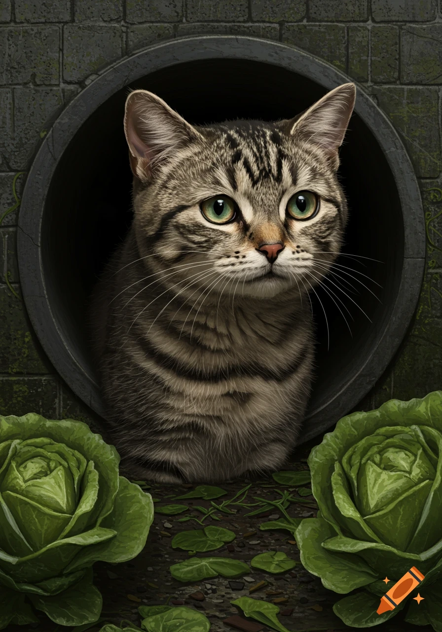 A brown tabby cat peeks from a dark sewer pipe opening, with two large green cabbages on the ground in front.