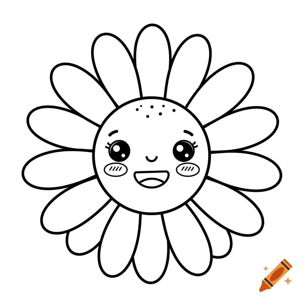 A black and white line art drawing of a cute, smiling daisy flower with a happy face.