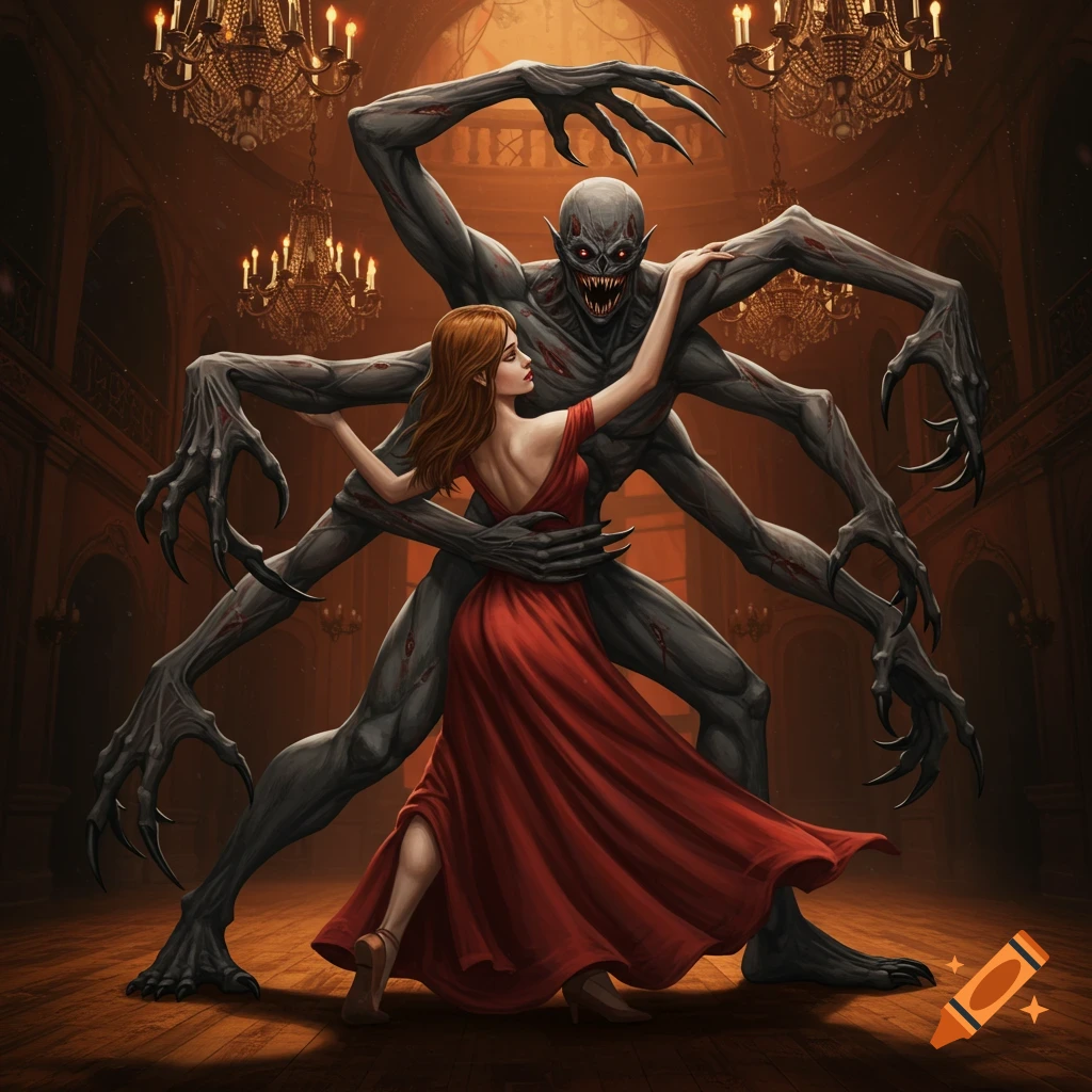 A monstrous, multi-limbed creature with glowing eyes dances with a woman in a flowing red gown in a dimly lit, ornate ballroom.
