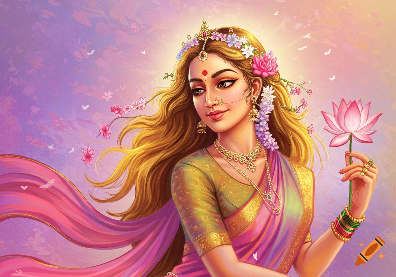 A beautifully illustrated goddess with golden hair, ornate jewelry, and a pink sari, holding a lotus flower against a vibrant, dreamy background.