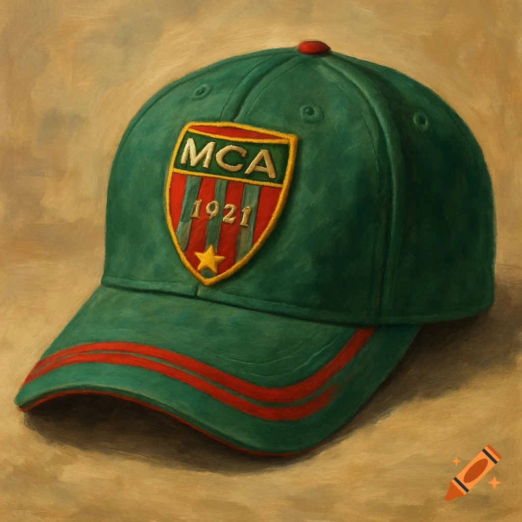 A painted image of a green baseball cap with a red and green striped emblem featuring 'MCA 1921' and a yellow star.