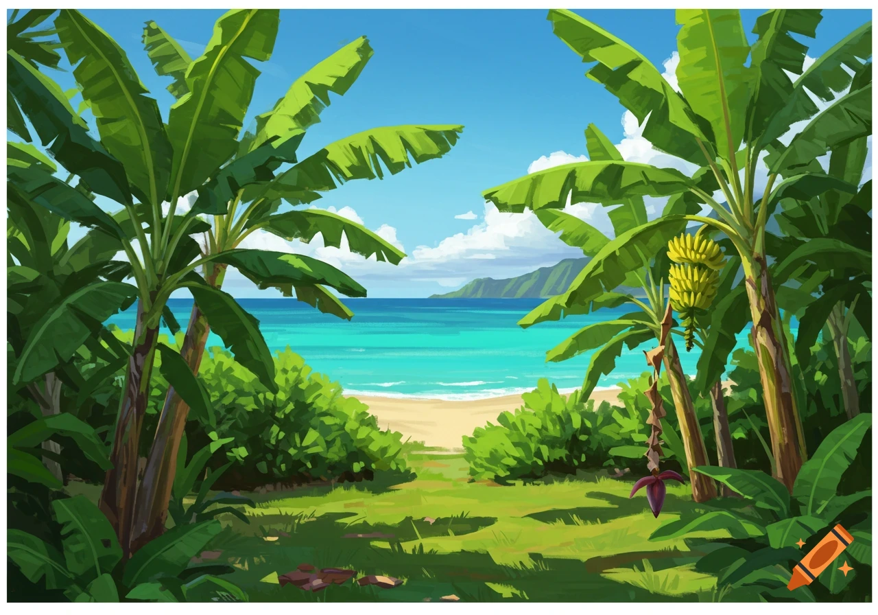 Lush banana trees frame a tropical beach with turquoise ocean and distant mountains under a clear blue sky, in a painterly style.