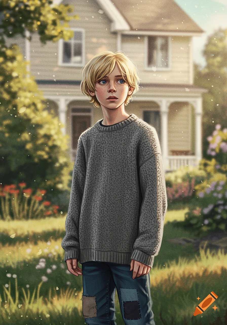 An illustrated portrait of a young blonde boy in a grey sweater and patched jeans standing in a sunlit grassy yard in front of a house.