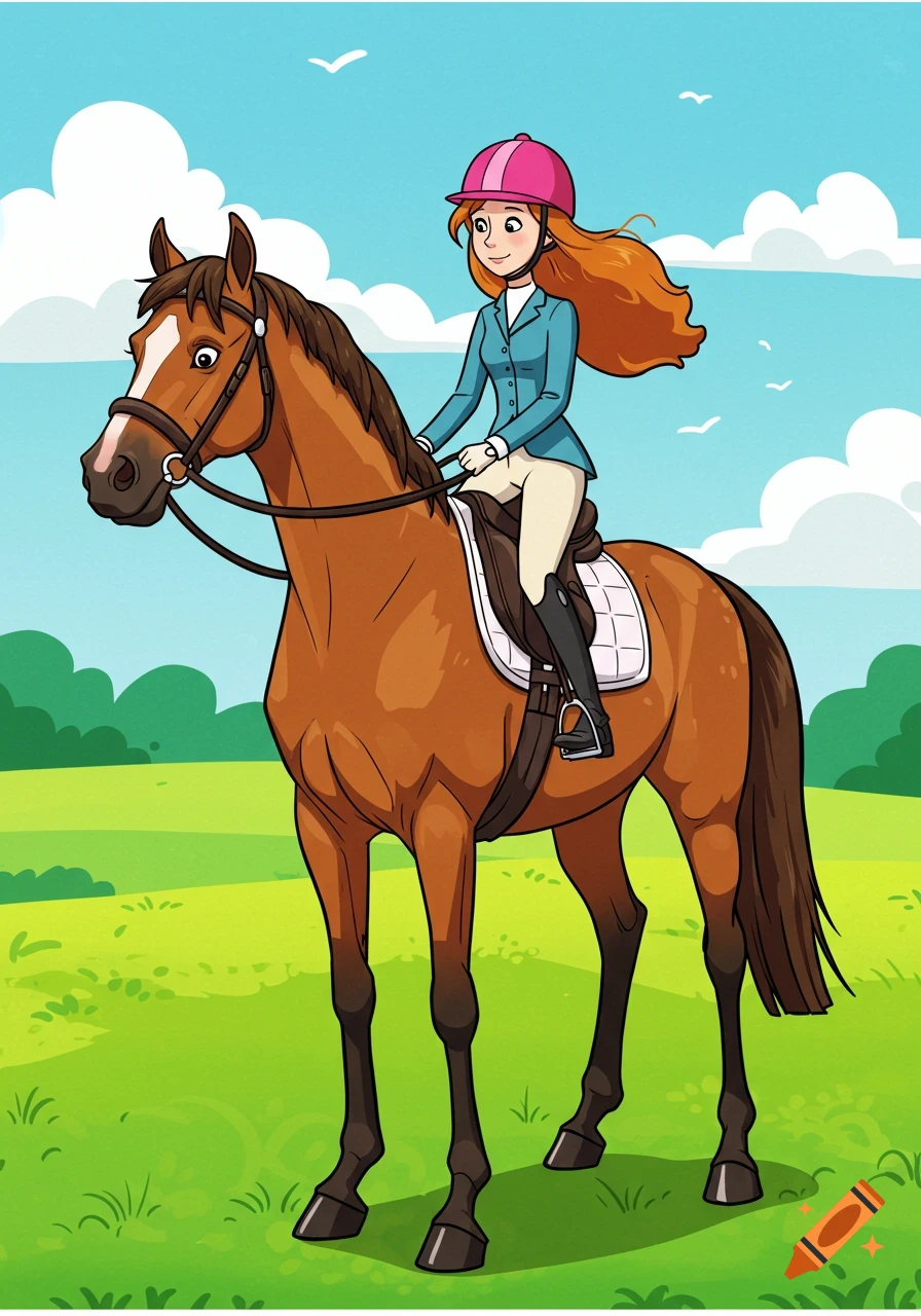 A cartoon depiction of a girl with long orange hair and a pink helmet riding a brown horse in a green field under a blue sky.