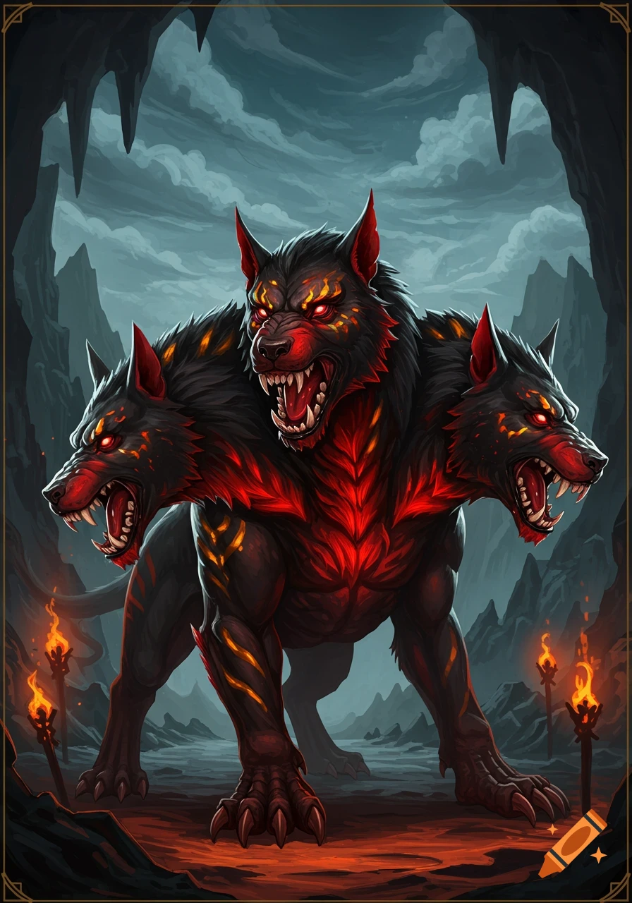 A powerful three-headed black Cerberus with glowing red eyes and fiery markings stands in a dark, cavernous fantasy landscape.