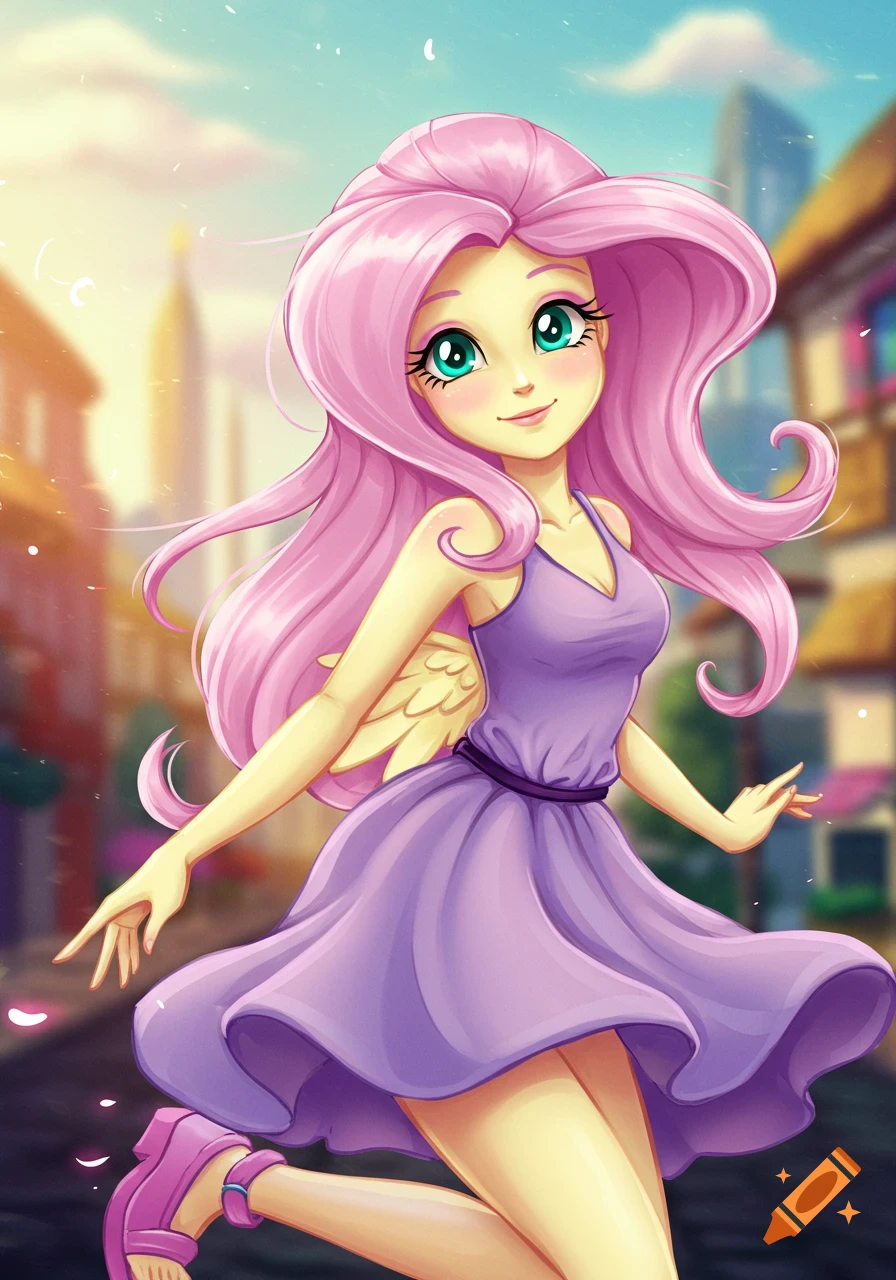 A cartoon girl with pink hair and teal eyes in a purple dress and small wings runs through a sunny town.