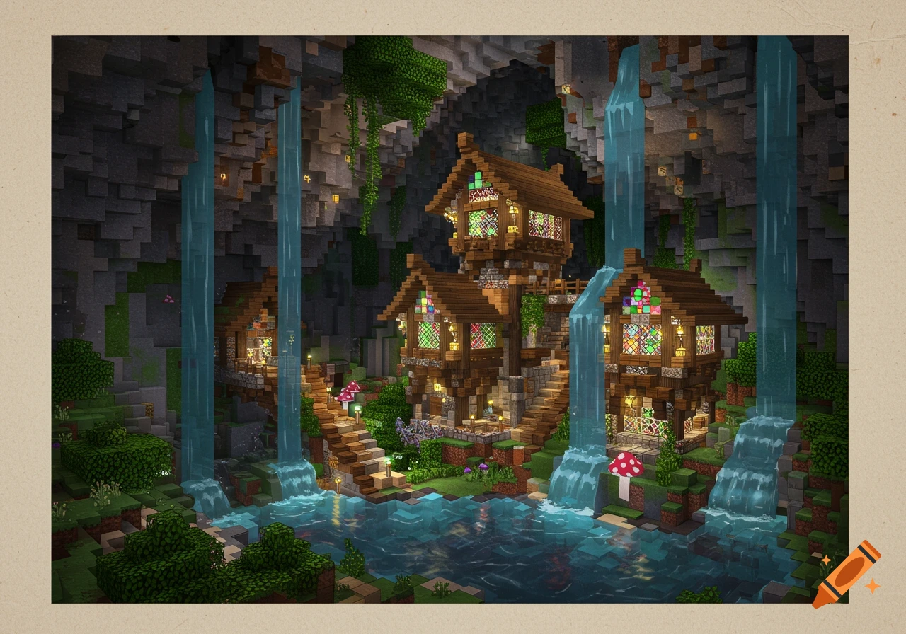 A detailed, colorful Minecraft fantasy village built into a cave cliff with multiple wooden houses, waterfalls, and illuminated pathways leading to a clear pool.