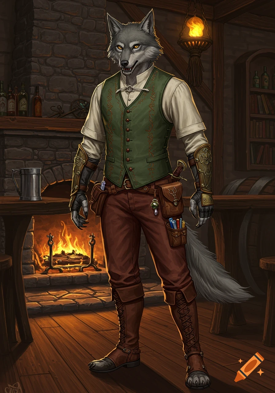 A detailed illustration of an anthropomorphic wolf character in a green vest and brown pants, standing in a cozy fantasy tavern by a lit fireplace.