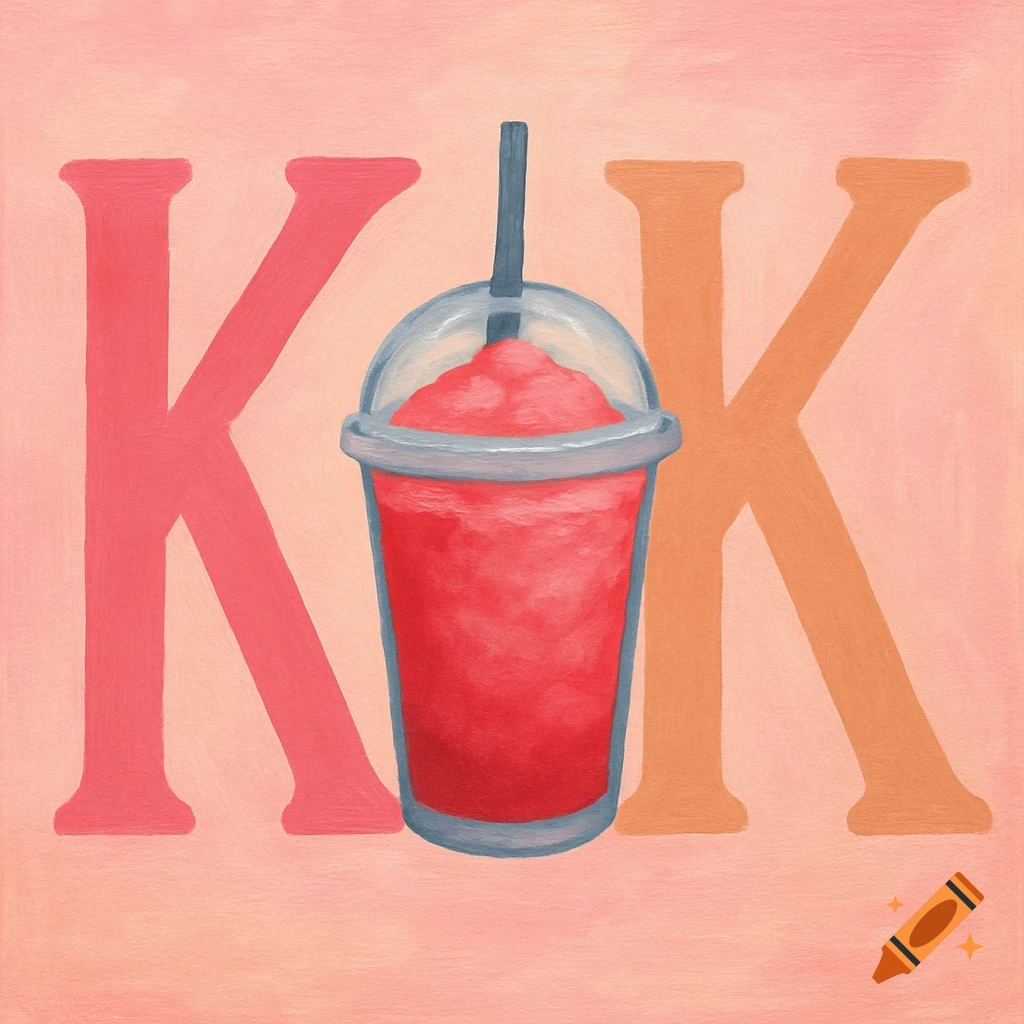 An illustration of two stylized K letters in pink and peach flanking a red slushie drink.