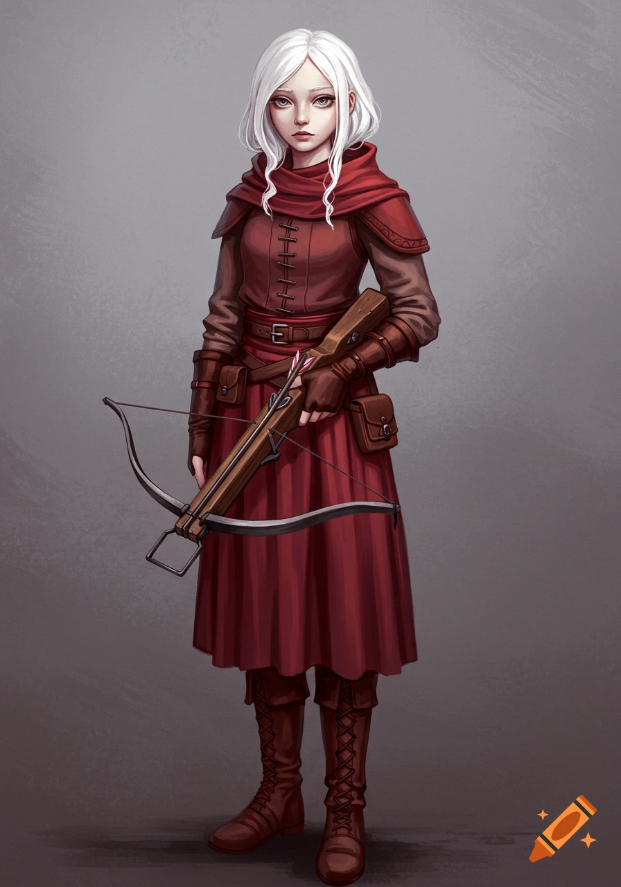 A serious white-haired woman in a reddish-brown outfit holds a crossbow, illustrated in a fantasy style.