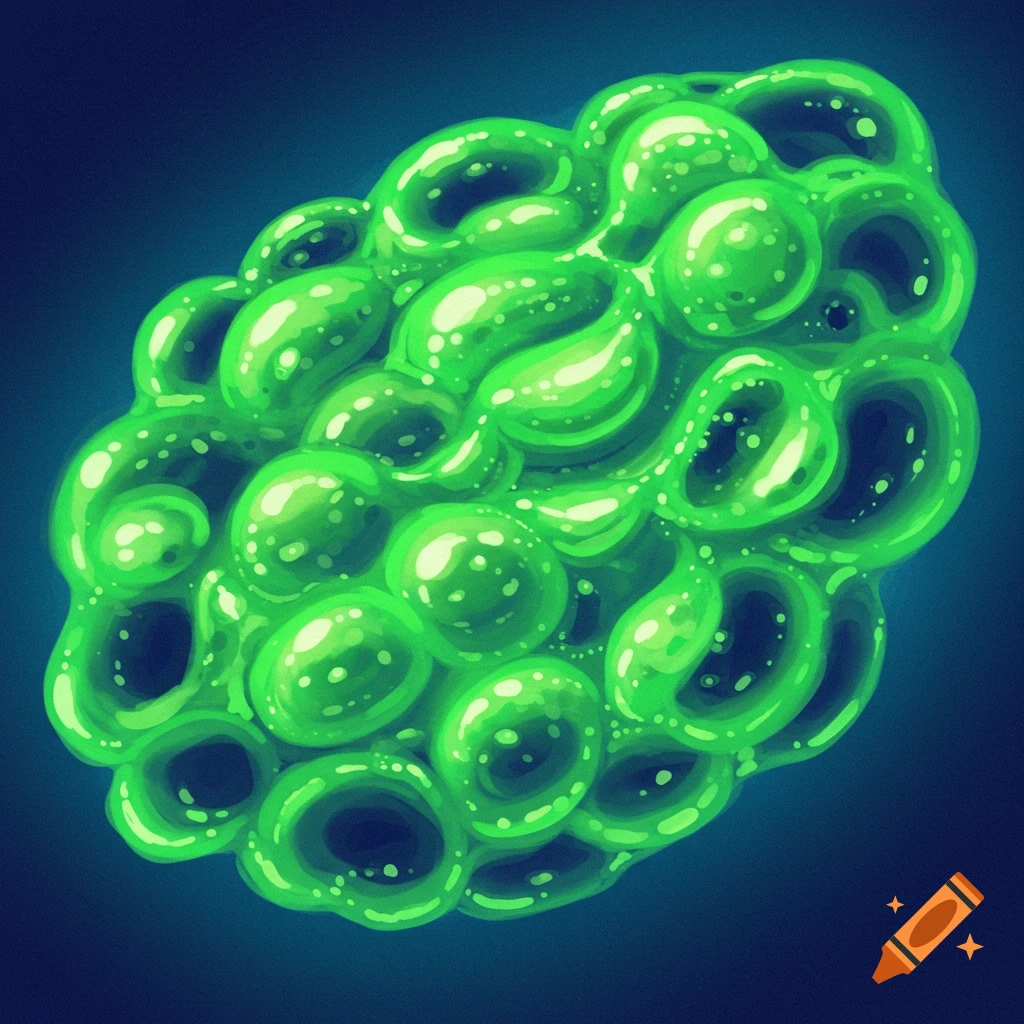 A vibrant green, glossy, bubbling organic mass resembling slime against a dark blue background.