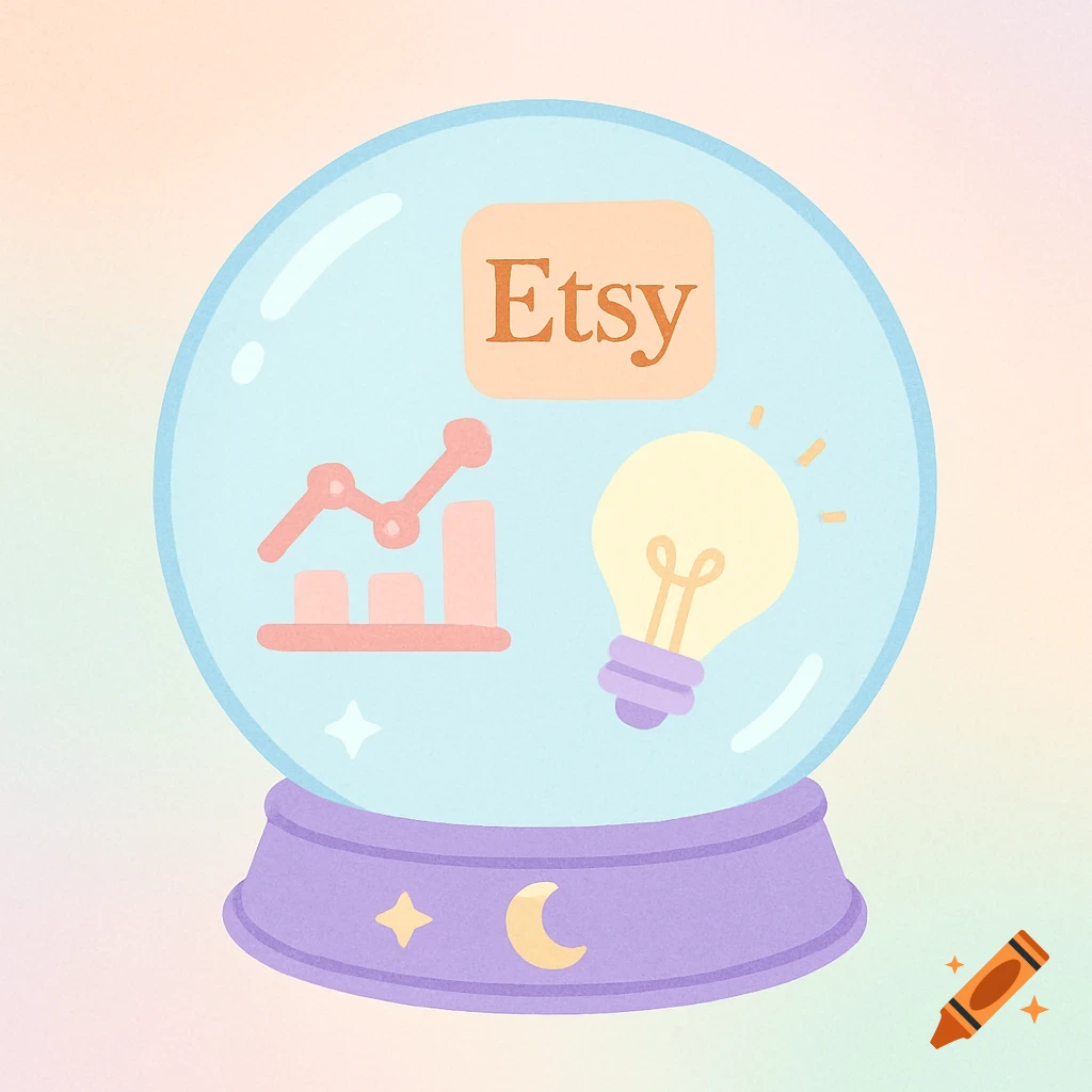 A pastel illustration of a crystal ball containing a graph, a lightbulb, and the word 'Etsy'.