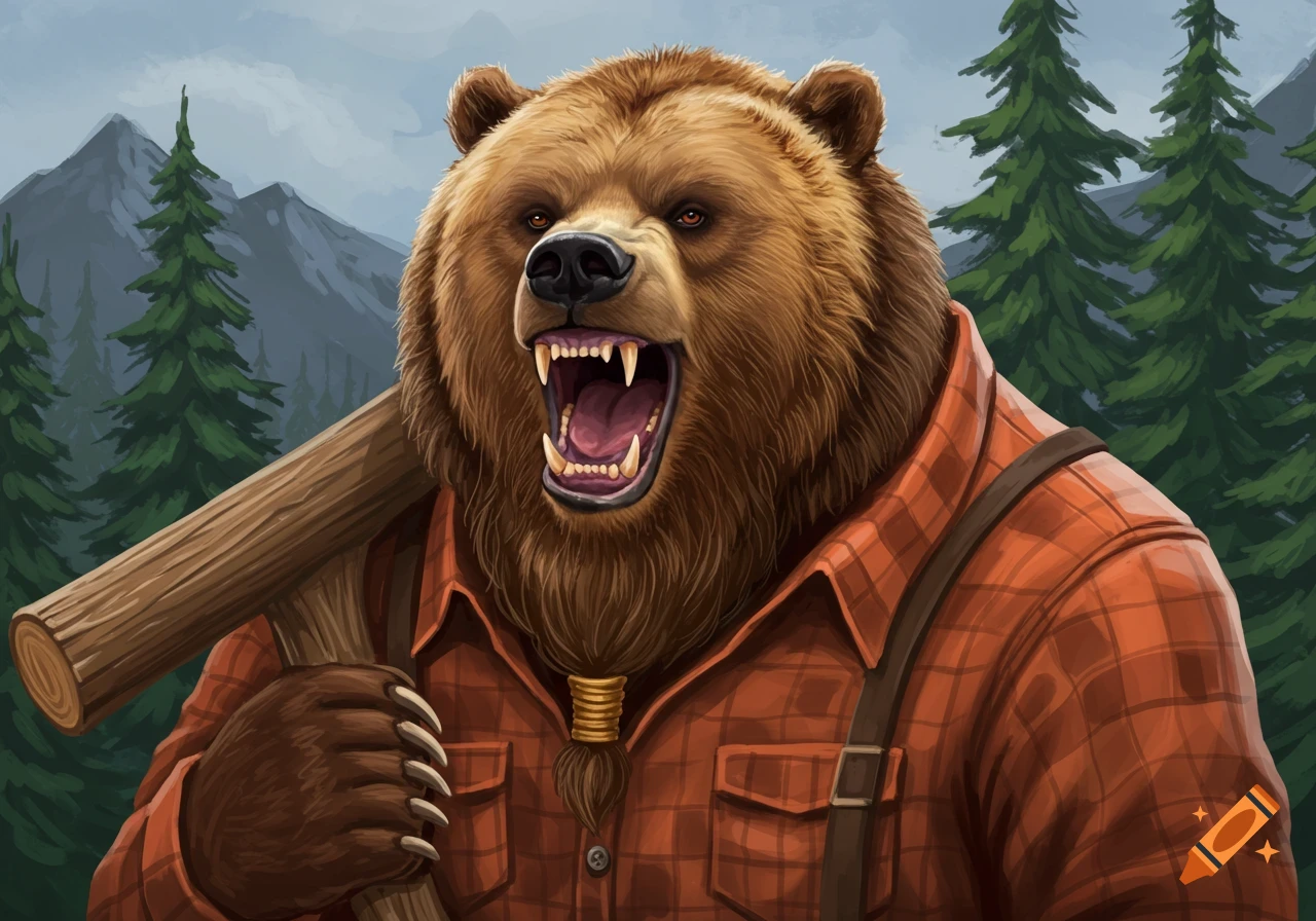 An anthropomorphic grizzly bear with a long beard and lumberjack attire roars while holding a log in a mountain forest, digital art.
