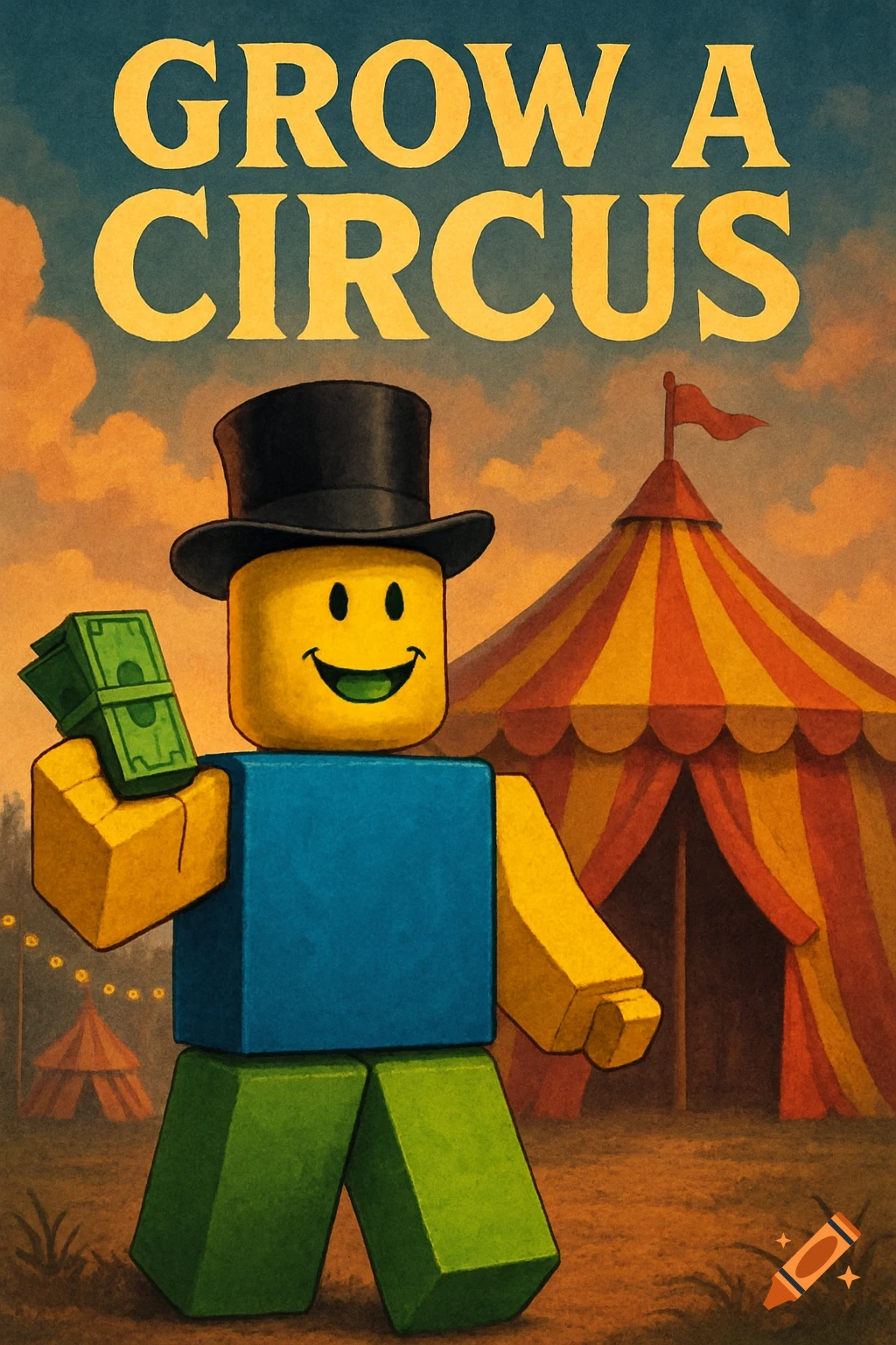 A Roblox noob character in a top hat holding money, with a circus tent in the background. The text 'GROW A CIRCUS' is above.