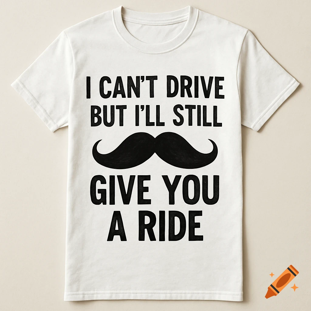 A white t-shirt with black text 'I CAN'T DRIVE BUT I'LL STILL GIVE YOU A RIDE' and a black mustache graphic.