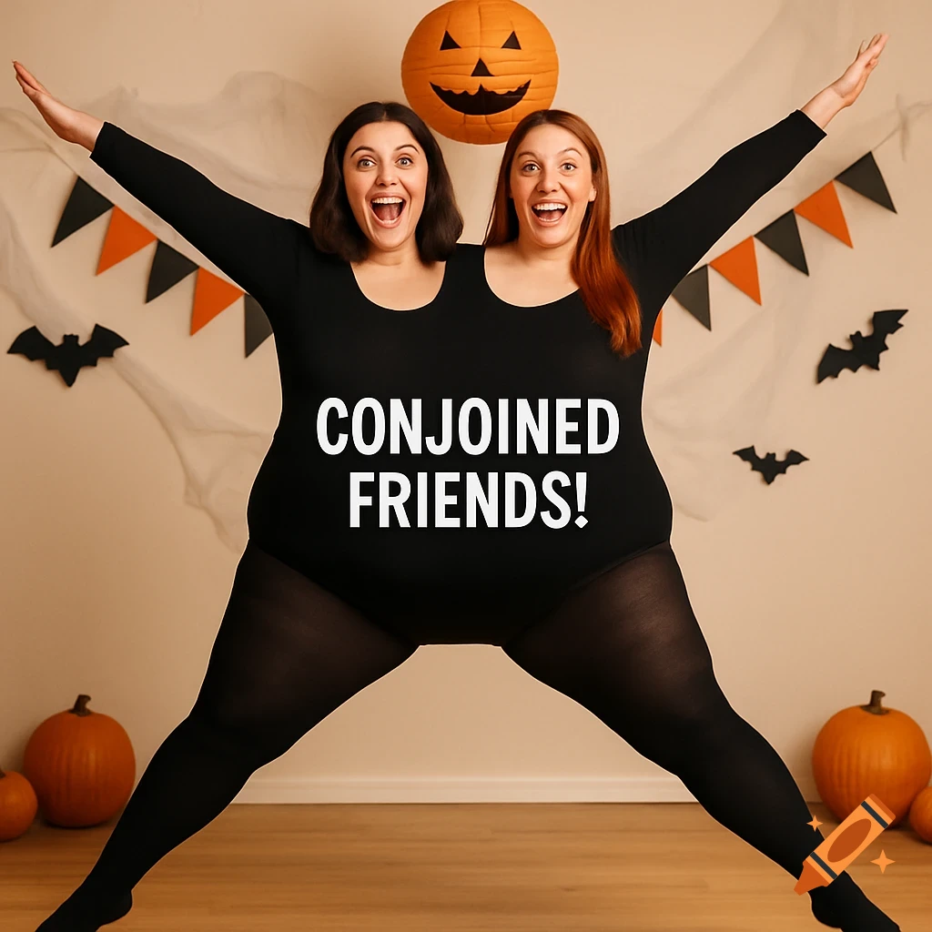 Two women in a 'conjoined friends' Halloween costume, posing in a black leotard with 'CONJOINED FRIENDS!' written on it, against a backdrop of bats and pumpkins.